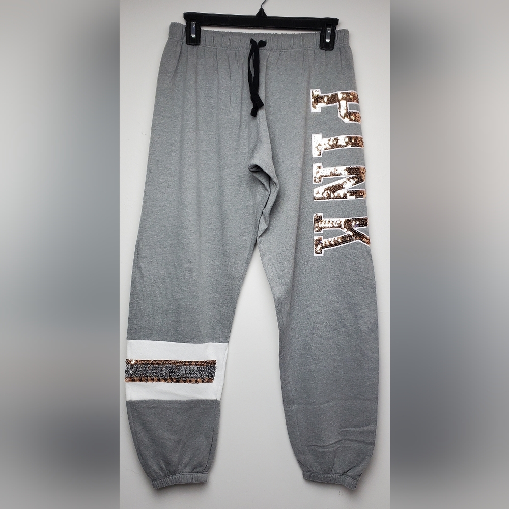 Victoria's Secret Pink Sweatpants Campus Pants Gray/White/Gold Bling S
